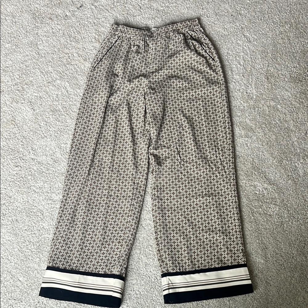 Silky, Lined Patterned Wide-Leg Pants with Striped Hem